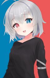 Rule 34 | 1girl, :d, ahoge, black cloak, black shirt, blue background, blue eyes, blue hair, blush, breasts, bright pupils, cloak, commentary, fang, grey hair, hair between eyes, heterochromia, highres, indie virtual youtuber, liman art, looking at viewer, mismatched pupils, multicolored hair, nisha (vtuber), open mouth, red background, red eyes, shirt, short hair, small breasts, smile, solo, star-shaped pupils, star (symbol), streaked hair, symbol-only commentary, symbol-shaped pupils, two-tone background, upper body, virtual youtuber, white pupils