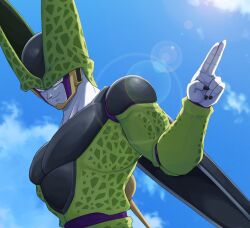 Rule 34 | 1boy, blue sky, cell (dragon ball), cloud, commentary request, dragon ball, dragonball z, highres, lens flare, male focus, perfect cell, pink eyes, sky, smile, solo, takumi1230g, upper body