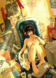 Rule 34 | 1girl, bag, black hair, blue eyes, blue nails, box, breasts, calendar (object), chair, chromatic aberration, cleavage, fox mask, hair between eyes, headphones, keyboard (computer), knees up, large breasts, mask, monitor, mouse (computer), nail polish, original, short hair, sitting, skeleton, solo, tank top, toenail polish, toenails, tongue, tongue out, white tank top, wryx
