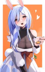 Rule 34 | 1girl, animal ear fluff, animal ears, blue hair, blush, braid, braided ponytail, breasts, feeding, food, highres, hiroside, holding, holding spoon, hololive, incoming food, large breasts, long hair, looking at viewer, mature female, multicolored hair, open mouth, orange eyes, pekomama, rabbit ears, rabbit girl, short eyebrows, smile, solo, spoon, teeth, thick eyebrows, upper teeth only, virtual youtuber, white hair
