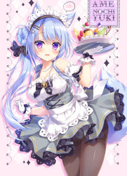 Rule 34 | 1girl, :d, alternate costume, ameto yuki, animal ear fluff, animal ears, artist name, black ribbon, blue hair, blue panties, blueberry, breasts, brown pantyhose, cherry, cleavage, commentary request, enmaided, food, fox ears, fox girl, fox tail, fruit, gloves, grey skirt, hair between eyes, hair bun, hair ornament, hair ribbon, hairclip, hand up, highres, holding, holding tray, kitsune-san (ameto yuki), large breasts, looking at viewer, maid, maid headdress, melon, open mouth, original, panties, panties under pantyhose, pantyhose, pink background, pleated skirt, puffy short sleeves, puffy sleeves, purple eyes, ribbon, shirt, short sleeves, side bun, single hair bun, single side bun, skirt, smile, solo, sparkle, spoken blush, strawberry, tail, thighband pantyhose, tray, twintails, underwear, white gloves, white shirt