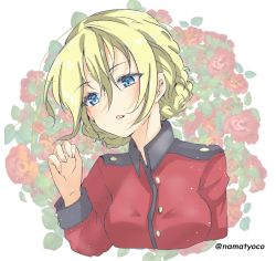 Rule 34 | 1girl, blonde hair, blue eyes, braid, commentary, cropped arms, cropped torso, darjeeling (girls und panzer), epaulettes, girls und panzer, half-closed eyes, jacket, light blue pubic hair, light particles, light smile, long sleeves, looking to the side, namatyoco, one-hour drawing challenge, parted lips, red jacket, red ribbon, ribbon, short hair, solo, st. gloriana&#039;s military uniform, twin braids, twitter username, white background