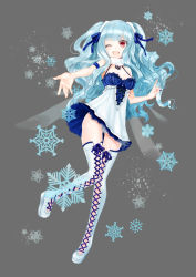 Rule 34 | 1girl, apt, blue hair, boots, bow, breasts, cleavage, cross-laced footwear, fairy wings, full body, fur trim, grey background, gyakushuu no fantasica, highres, lace-up boots, long hair, nail polish, official art, one eye closed, open mouth, platform footwear, red eyes, simple background, snowflakes, solo, thigh boots, thighhighs, wings
