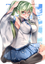 Rule 34 | 1girl, absurdres, alternate hairstyle, armpits, arms up, black socks, blue skirt, blush, breasts, collared shirt, commentary request, detached sleeves, frilled skirt, frills, frog hair ornament, full body, green eyes, green hair, hair between eyes, hair ornament, hair tubes, hand on own head, highres, kochiya sanae, large breasts, long hair, mahoro (minase mahoro), no shoes, open mouth, ponytail, presenting armpit, shirt, sitting, skirt, sleeveless, sleeveless shirt, snake hair ornament, socks, solo, touhou, wariza, white shirt, wide sleeves