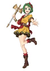 Rule 34 | 1girl, :d, boots, brown footwear, dress, ebinku, fire emblem, fire emblem: thracia 776, green eyes, green hair, highres, holding, holding staff, looking at viewer, nintendo, open mouth, outstretched arm, short hair, smile, staff, tina (fire emblem), yellow dress