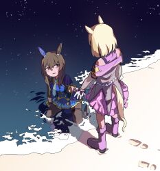 Rule 34 | 2girls, admire vega (umamusume), animal ears, bare shoulders, beach, black pantyhose, blonde hair, blue dress, blue necktie, blush, boots, brown hair, crying, crying with eyes open, dress, ear covers, facing another, facing away, footprints, from above, furrowed brow, gloves, gold trim, hair between eyes, high-low skirt, highres, horse ears, horse girl, horse tail, knee boots, kneeling, long hair, looking at another, looking up, multiple girls, narita top road (umamusume), necktie, ocean, off-shoulder dress, off shoulder, on ground, outstretched hand, pantyhose, pink dress, pink footwear, purple eyes, raised eyebrows, reaching, reflection, reflective water, sand, see-through, see-through sleeves, shadow, short hair, single ear cover, sky, star (sky), starry sky, tail, tears, umamusume, umamusume: road to the top, umiwashi, white gloves