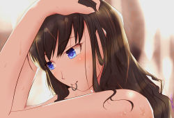 Rule 34 | adjusting hair, alternate hairstyle, amagami, blue eyes, blush, brown hair, hair tie, hairdressing, hands in hair, long hair, morishima haruka, mouth hold, solo, upper body, wet, winu (pixiv288510)