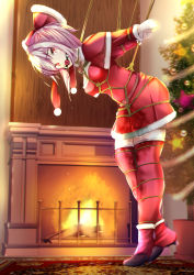 Rule 34 | 1girl, arms behind back, arms up, ball gag, bauble, bent over, bound, bound arms, bound legs, bow, breasts, bush, capelet, chaseta, christmas, christmas ornaments, christmas tree, chromatic aberration, dress, drooling, female focus, fire, fireplace, full body, fur-trimmed capelet, fur-trimmed dress, fur trim, gag, gagged, hair bow, high heels, highres, indoors, legs together, light blush, long sleeves, looking at viewer, open mouth, original, outstretched arms, own hands together, pee, peeing, peeing self, purple hair, red bow, red capelet, red eyes, red footwear, red thighhighs, rope, saliva, santa dress, shibari, shibari over clothes, short dress, short hair, sidelocks, small breasts, solo, standing, star (symbol), tears, thighhighs, tinsel, tiptoes, zettai ryouiki
