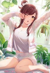 Rule 34 | 1girl, ;o, absurdres, arms up, bare legs, barefoot, blush, breasts, brown hair, cleavage, collarbone, commentary request, grey shirt, hair bun, highres, idolmaster, idolmaster shiny colors, indoors, jacket, kurageso, large breasts, legs, long sleeves, looking at viewer, midriff peek, navel, one eye closed, open mouth, osaki amana, plant, shirt, short shorts, shorts, single hair bun, sitting, solo, thighs, toes, wariza, white jacket, white shorts, yawning, yellow eyes