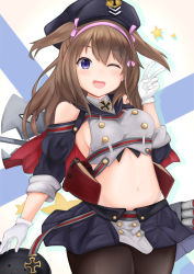 Rule 34 | 1girl, ;d, azur lane, bare shoulders, black hat, black pantyhose, breasts, brown hair, buttons, cross, gloves, hair ribbon, hairband, hand up, hat, highres, iron cross, legs together, long hair, medium breasts, miniskirt, no bra, one eye closed, open mouth, pantyhose, pink hairband, pink ribbon, purple eyes, ribbon, ryara, sideboob, silhouette, skirt, sleeves past elbows, smile, solo, star (symbol), two side up, v, white gloves, z35 (azur lane)