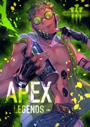 Rule 34 | 1boy, abs, apex legends, arm tattoo, bare pectorals, belt, black gloves, brown belt, can, copyright name, denim, fingerless gloves, gloves, green hair, green hoodie, highres, holding, holding can, hood, hoodie, jeans, kawaniwa, logo, mask pull, monster energy, navel, octane (apex legends), pants, pectorals, sleeveless, sleeveless hoodie, solo, sunglasses, tattoo, tongue, tongue out, undercut