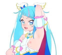Rule 34 | 1girl, arm up, armpits, blue eyes, blue hair, breasts, cure sky, detached sleeves, dress, gloves, himokawa udon, hirogaru sky! precure, long hair, looking at viewer, magical girl, multicolored hair, nipples, one breast out, open mouth, pink hair, precure, puffy detached sleeves, puffy sleeves, simple background, single sidelock, small breasts, smile, solo, sora harewataru, streaked hair, twintails, two-tone hair, upper body, white background, wing hair ornament