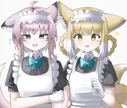 Rule 34 | 2girls, :d, absurdres, ahoge, alternate costume, animal ears, apron, aqua bow, aqua bowtie, aqua eyes, arknights, black dress, blonde hair, blush, bow, bowtie, bright pupils, buttons, collared dress, dress, enmaided, flying sweatdrops, frilled apron, frills, glint, gloves, grey background, hair rings, hand on own arm, heart, highres, looking at viewer, maid, maid apron, maid headdress, multicolored hair, multiple girls, multiple tails, open mouth, pink hair, pink tail, puffy short sleeves, puffy sleeves, short hair, short sleeves, simple background, smile, spam (spamham4506), streaked hair, sussurro (arknights), suzuran (arknights), sweatdrop, tail, teeth, upper body, upper teeth only, white apron, white gloves, white hair, white pupils, yellow tail