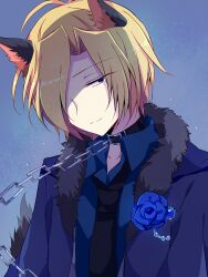 Rule 34 | 1boy, alternate costume, animal ears, antenna hair, belt collar, black collar, black necktie, blonde hair, blue background, blue eyes, blue flower, blue jacket, blue rose, blue shirt, bluestar iz, boutonniere, chain, chain leash, collar, collared shirt, flower, fur-trimmed jacket, fur trim, hair over one eye, highres, jacket, kemonomimi mode, leash, long sleeves, looking at viewer, male focus, necktie, noel levine, open collar, rose, shaded face, shirt, short hair, simple background, smile, solo, tail, upper body, witch&#039;s heart, wolf boy, wolf ears, wolf tail