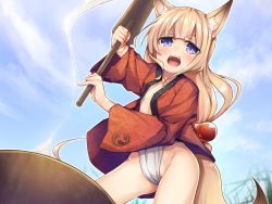 Rule 34 | amoriro, animal ears, arms up, blonde hair, blue eyes, cloud, day, flat chest, food, fox ears, fox tail, fundoshi, groin, hair bobbles, hair ornament, happi, holding, japanese clothes, long hair, low tied hair, mallet, mochi, no pants, open clothes, open mouth, original, sky, solo, tail, wagashi