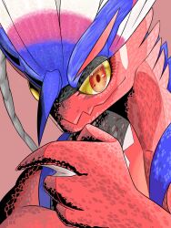 Rule 34 | colored sclera, colored skin, creatures (company), dragon, feather hair, game freak, highres, koraidon, looking at viewer, nintendo, no humans, orange eyes, pokemon, pokemon (creature), red background, red skin, simple background, solo, watashihae, yellow sclera