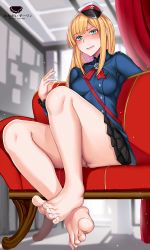 Rule 34 | 1girl, ass, barefoot, black skirt, blonde hair, blue jacket, blush, breasts, commentary request, fate/grand order, fate (series), feet, flower, foot focus, from below, green eyes, grey flower, hanada yanochi, hat, indoors, jacket, long hair, looking at viewer, lord el-melloi ii case files, medium breasts, red hat, reines el-melloi archisorte, sitting, skirt, solo, translation request, white hat