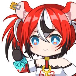 Rule 34 | 1girl, animal ears, bare shoulders, black collar, black gloves, blue bow, blue eyes, bow, collar, dice, gloves, hakos baelz, hololive, hololive english, jewelry, key, key necklace, mouse ears, mousetrap, multicolored hair, necklace, red hair, shirt, sleeve bow, smile, solo, spiked collar, spikes, streaked hair, thumbs up, upper body, virtual youtuber, white shirt, zephylyne