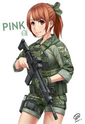 Rule 34 | 1girl, adaptive combat rifle, assault rifle, bow, bulletproof vest, camouflage, commentary, cowboy shot, dated, glock, gloves, gun, hair bow, handgun, highres, holding, holding gun, holding weapon, holster, holstered, jpc, load bearing equipment, looking at viewer, magazine (weapon), orange eyes, orange hair, original, pistol, ponytail, rifle, scar l, short shorts, shorts, single glove, solo, trigger discipline, weapon, white background