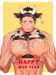 Rule 34 | 1boy, 2021, abs, animal ears, animal print, bara, bare pectorals, brown hair, chest hair, chest harness, chinese zodiac, cow boy, cow ears, cow horns, cow print, earrings, eyebrow cut, facial hair, fake animal ears, fake horns, goatee, grabbing, happy new year, harness, highres, horns, jewelry, large pectorals, leather, male focus, male lactation, mature male, muscular, muscular male, navel, navel hair, new year, nipples, original, pectoral focus, pectoral grab, pectoral lift, pectorals, scar, scar across eye, scar on face, short hair, sideburns, solo, stomach, suggestive fluid, upper body, year of the ox, zhineart