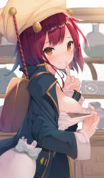 Rule 34 | 1girl, atelier (series), atelier sophie, backpack, bag, black coat, blue bow, blush, bow, breasts, cisyo, closed mouth, clothes pull, coat, commentary request, dress, dress pull, finger to mouth, flask, from side, highres, horns, index finger raised, long sleeves, looking at viewer, looking to the side, medium breasts, open clothes, open coat, orange eyes, pulled by self, purple hair, round-bottom flask, sack, shelf, short hair, shushing, sideboob, smile, solo, sophie neuenmuller, teasing, white dress, white headwear
