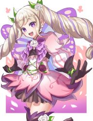 Rule 34 | 1girl, absurdres, black flower, black gloves, black rose, blue eyes, boots, butterfly wings, drill hair, elise (fire emblem), fire emblem, fire emblem fates, fire emblem heroes, flat chest, flower, gloves, hair flower, hair ornament, highres, insect wings, leon0630claude, long hair, looking at viewer, nintendo, official alternate costume, open mouth, puffy sleeves, rose, smile, solo, thigh boots, thighs, twin drills, very long hair, white flower, white rose, wings