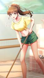 Rule 34 | 1girl, :d, bare legs, blouse, brown eyes, brown hair, collarbone, doukyuusei, doukyuusei another world, floating hair, game cg, green shorts, hair between eyes, hair ribbon, high ponytail, holding, indoors, leaning forward, long hair, midriff, navel, official art, open mouth, red ribbon, ribbon, shiny skin, shirt, short shorts, short sleeves, shorts, smile, solo, standing, stomach, t-shirt, tanaka misa, tied shirt, yellow shirt