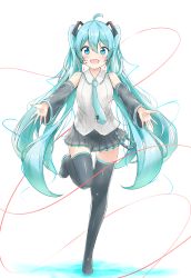 Rule 34 | 1girl, :d, absurdres, ahoge, black footwear, blue eyes, blue hair, blue necktie, blush, boots, collared shirt, detached sleeves, floating hair, full body, grey skirt, grey sleeves, hair between eyes, hair ornament, hatsune miku, headphones, headset, highres, leg up, long hair, long sleeves, looking at viewer, microphone, mikoo o39, miniskirt, necktie, open mouth, outstretched arms, pleated skirt, red ribbon, ribbon, shiny footwear, shirt, simple background, skirt, sleeveless, sleeveless shirt, smile, solo, standing, standing on one leg, thigh boots, thighhighs, very long hair, vocaloid, white background, white shirt, wing collar, zettai ryouiki