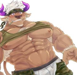 Rule 34 | 1boy, abs, animal ears, bad id, bad twitter id, bara, bare pectorals, blush, boxers, brown fur, camouflage, camouflage headwear, camouflage pants, chest hair, clothes lift, cow ears, cow horns, furry, furry male, green tank top, gumiten, headband, highres, horns, large pectorals, male focus, male underwear, minotaur, mint, muscular, muscular male, nipples, open pants, pants, pectorals, purple eyes, purple horns, shennong (housamo), shirt lift, short hair, smile, solo, tank top, tokyo houkago summoners, underwear, white background, white hair, white male underwear