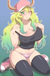 Rule 34 | 1girl, absurdres, baseball cap, black thighhighs, blonde hair, blue background, blush, breasts, cleavage, closed mouth, collarbone, covered erect nipples, danmakuman, dragon horns, gradient background, gradient hair, green eyes, green hair, hat, highres, horns, kneeling, kobayashi-san chi no maidragon, large breasts, long hair, looking at viewer, lucoa (maidragon), multicolored hair, one eye closed, panties, pink panties, shoes, smile, sneakers, solo, tank top, thighhighs, underwear