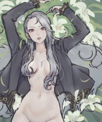 Rule 34 | 1girl, breasts, covered erect nipples, earrings, grey hair, hair behind ear, highres, jacket, jewelry, large breasts, long hair, looking at viewer, necklace, niijima sae, nude, persona, persona 5, poechan chan, red eyes, solo
