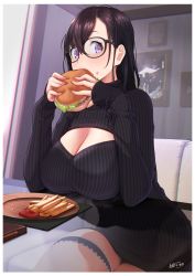 Rule 34 | 1girl, artist name, asymmetrical bangs, black-framed eyewear, black hair, black sweater, breast rest, breasts, burger, cleavage, cleavage cutout, clothing cutout, dress, eating, food, food on face, french fries, glasses, hair between eyes, highres, large breasts, long hair, long sleeves, looking at viewer, meme attire, nanahime, original, plate, purple eyes, signature, sitting, solo, striped, sweater, sweater dress, thigh strap, thighs, vertical stripes