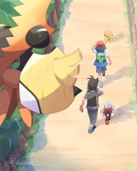 Rule 34 | 2boys, antenna hair, ash ketchum, backpack, bag, baseball cap, clenched hands, creatures (company), day, fence, flower, from above, game freak, gen 1 pokemon, gen 4 pokemon, gen 7 pokemon, gen 8 pokemon, goh (pokemon), grass, hat, holding, jacket, legendary pokemon, mei (maysroom), multiple boys, nintendo, outdoors, pants, pikachu, pokemon, pokemon (anime), pokemon (creature), pokemon journeys, raboot, red flower, red headwear, rotom, rotom phone, running, shadow, shoes, short sleeves, shorts, signature, standing, tapu koko, watermark