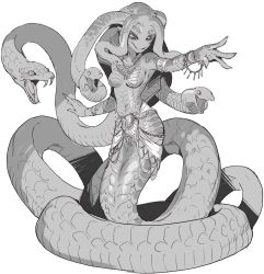 Rule 34 | 1girl, breasts, fangs, greyscale, highres, lamia, monochrome, monster girl, mullmull02, no nipples, no pupils, original, reaching, reaching towards viewer, simple background, snake hair, topless, white background