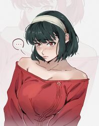 Rule 34 | 1girl, alternate hairstyle, bare shoulders, black hair, blush, breasts, collarbone, hairband, highres, large breasts, off-shoulder sweater, off shoulder, pudelmudel, red eyes, red sweater, short hair, shy, solo, speech bubble, spy x family, sweater, upper body, white hairband, yor briar