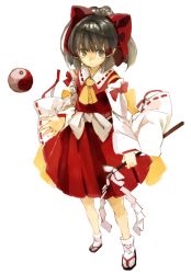 Rule 34 | 1girl, ascot, bare shoulders, bow, brown eyes, brown hair, collared shirt, detached sleeves, expressionless, full body, gohei, hair bow, hair tubes, hakurei reimu, hand up, konabetate, long sleeves, looking at viewer, matching hair/eyes, open hand, orb, ribbon, ribbon-trimmed clothes, ribbon-trimmed sleeves, ribbon trim, sandals, sanpaku, shirt, short hair, simple background, skirt, skirt set, solo, standing, tabi, touhou, white background, wide sleeves, yin yang, yin yang orb, zouri