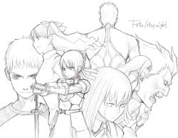 Rule 34 | 00s, 3boys, 6+girls, archer (fate), armor, armored dress, artoria pendragon (all), artoria pendragon (fate), braid, copyright name, emiya shirou, expressionless, facepaint, facial mark, fate/stay night, fate (series), gauntlets, greyscale, hair ribbon, heracles (fate), matou sakura, monochrome, multiple boys, multiple girls, open mouth, parted lips, ribbon, saber (fate), short hair, shoulder pads, simple background, smirk, spiked hair, teeth, tohsaka rin, white background, yu 65026