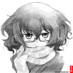 Rule 34 | 10s, 1girl, artist name, commentary request, coupy pencil (medium), girls und panzer, glasses, gofu, greyscale, looking at viewer, monochrome, oryou (girls und panzer), scarf, semi-rimless eyewear, short hair, solo, striped clothes, striped scarf, traditional media, under-rim eyewear, upper body, watermark, web address