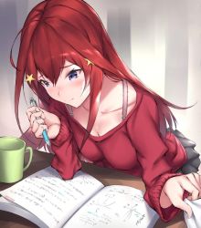 Rule 34 | 1girl, ahoge, alternate costume, bra strap, breasts, cleavage, closed mouth, collarbone, cup, go-toubun no hanayome, grey skirt, hair between eyes, hair ornament, holding, holding pencil, leaning forward, long hair, medium breasts, nakano itsuki, notebook, parfaitlate, pencil, pleated skirt, purple eyes, red hair, red sweater, shirt tug, skirt, star (symbol), star hair ornament, sweater, table