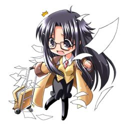 Rule 34 | 00s, 1girl, black eyes, black hair, black skirt, blush, blush stickers, breasts, chibi, coat, collared shirt, glasses, holding, long hair, looking back, necktie, open mouth, pantyhose, paper, parted bangs, read or die, red necktie, shirt, simple background, skirt, solo, stroller, sweater vest, tako (all delete), trench coat, very long hair, vest, white background, white shirt, yomiko readman