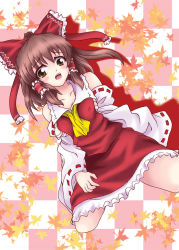 Rule 34 | 1girl, :o, ascot, bad id, bad pixiv id, bow, brown eyes, brown hair, checkered background, detached sleeves, dress, female focus, frilled hair tubes, frills, hair ribbon, hair tubes, hakurei reimu, japanese clothes, leaf, long hair, maple leaf, miko, necktie, open mouth, ribbon, silver attack1, solo, surprised, touhou, yellow ascot