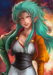 Rule 34 | 1girl, breasts, cleavage, green hair, hand on own hip, juliet sleeves, long hair, long sleeves, looking at viewer, puffy sleeves, ryouko (tenchi muyou!), solo, spiked hair, tenchi muyou!, washuu, yellow eyes