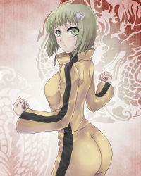 Rule 34 | 10s, 1girl, ass, blonde hair, bruce lee&#039;s jumpsuit, dtcy, green eyes, hair ornament, hairclip, huang baoling, jumpsuit, open mouth, orange jumpsuit, short hair, solo, tiger &amp; bunny