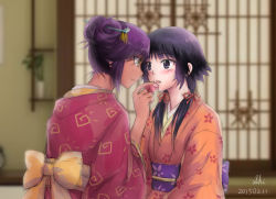 Rule 34 | 10s, 2015, 2girls, black eyes, black hair, bleach, blush, dated, eye contact, feeding, hair ornament, hair ribbon, hair stick, hair up, indoors, japanese clothes, kimono, looking at another, low twintails, multiple girls, obi, purple hair, ribbon, sash, shihouin yoruichi, shizuhime, short hair, signature, sliding doors, smile, sui-feng, twintails, wife and wife, yellow eyes, yuri
