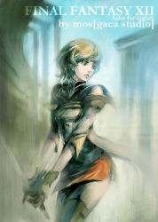 Rule 34 | 00s, 1girl, aqua hair, armor, ashelia b&#039;nargin dalmasca, bare shoulders, blonde hair, blurry, blurry background, breastplate, brown gloves, brown thighhighs, copyright name, cowboy shot, detached sleeves, elbow pads, female focus, final fantasy, final fantasy xii, gloves, long sleeves, looking down, miniskirt, mos, outdoors, red skirt, short hair, side slit, skirt, sky, solo, standing, sword, thighhighs, thighs, weapon, zettai ryouiki