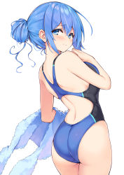 Rule 34 | 1girl, ass, back, back cutout, bare arms, bare shoulders, blue eyes, blue hair, blue one-piece swimsuit, blush, breasts, clothing cutout, commentary request, competition swimsuit, cowboy shot, cu-no, from behind, hair bun, hisen kaede, holding, holding towel, kohitsuji ai, large breasts, long hair, looking at viewer, looking back, one-piece swimsuit, sidelocks, simple background, single hair bun, smile, solo, sweat, swimsuit, towel, white background