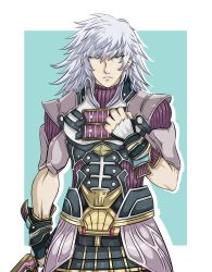 Rule 34 | 1boy, absurdres, arm guards, armor, belt, blue eyes, clenched hand, collar, collared shirt, ememtrp, fingerless gloves, glaring, gloves, highres, jin (xenoblade), long hair, male focus, muscular, muscular male, pale skin, plate armor, purple shirt, shirt, silver hair, simple background, sword hilt, xenoblade chronicles (series), xenoblade chronicles 2