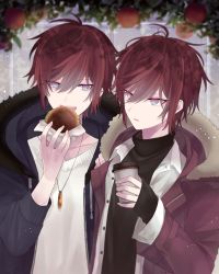 Rule 34 | 2boys, :d, apple, apple tree, black coat, black sweater, blue eyes, blurry, blurry background, brown coat, brown hair, burger, coat, coffee, commentary request, drawstring, drink, food, fruit, fur trim, hair between eyes, hand on another&#039;s shoulder, highres, holding, holding drink, jewelry, long sleeves, looking at another, male focus, medium hair, multicolored hair, multiple boys, muon, necklace, open clothes, open mouth, open shirt, original, red hair, shirt, siblings, sidelocks, sleeves past wrists, smile, streaked hair, sweater, tree, turtleneck, turtleneck sweater, twins, white shirt, white sweater