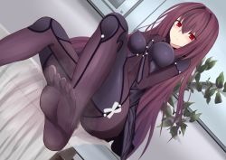 Rule 34 | 1girl, bodysuit, breasts, dutch angle, fate/grand order, fate (series), feet, highres, kesoshirou, long hair, looking at viewer, plant, purple bodysuit, purple hair, red eyes, scathach (fate), scathach (fate), smell, solo, toes, window