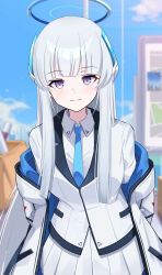 Rule 34 | 1girl, absurdres, blue archive, highres, long hair, long sleeves, looking at viewer, necktie, noa (blue archive), outdoors, purple eyes, smile, solo, wasi, white hair
